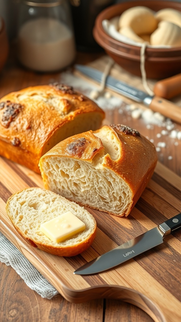 Classic Homemade Bread Recipe A golden crusted homemade bread loaf sliced on a cutting board with butter on the side.
